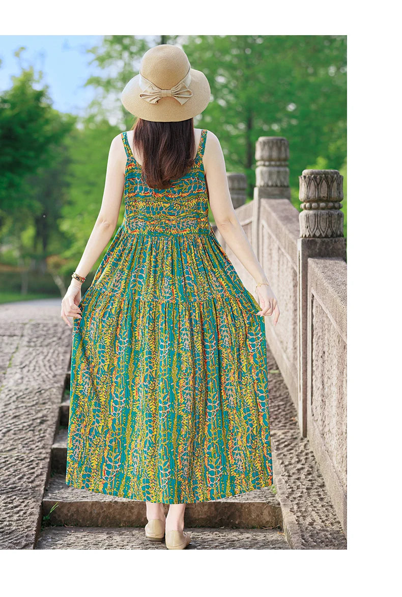 New Fashion Casual 2025 Summer Elegant Dresses For Women O-Neck Print Vintage Sleeveless Dress Loose Women Clothing