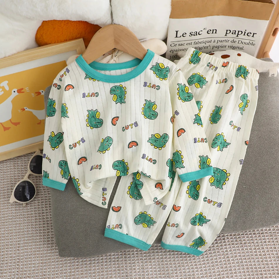 Summer Kids Cotton Pajama Sets Long Sleeve Pants Suitable Baby Gentle Nighttime Comfortable Sleepwear in Air Conditioned Rooms