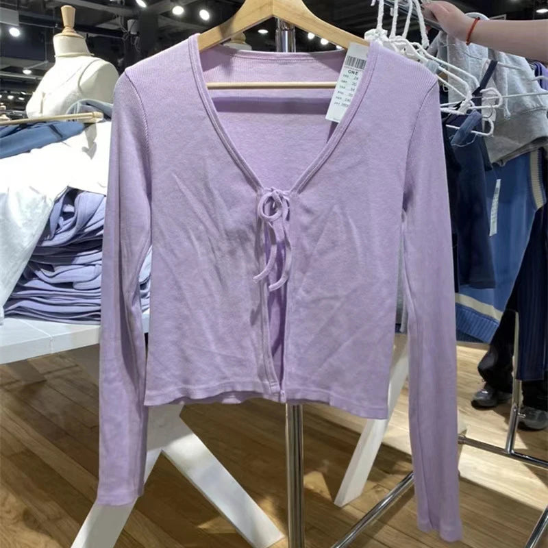 Women Casual Solid Slim T-Shirts 2022 Summer Sexy V Neck Lace Up Cotton Ribbed Y2k Crop Top Sweet Cute Long Sleeve T Shirt Tops