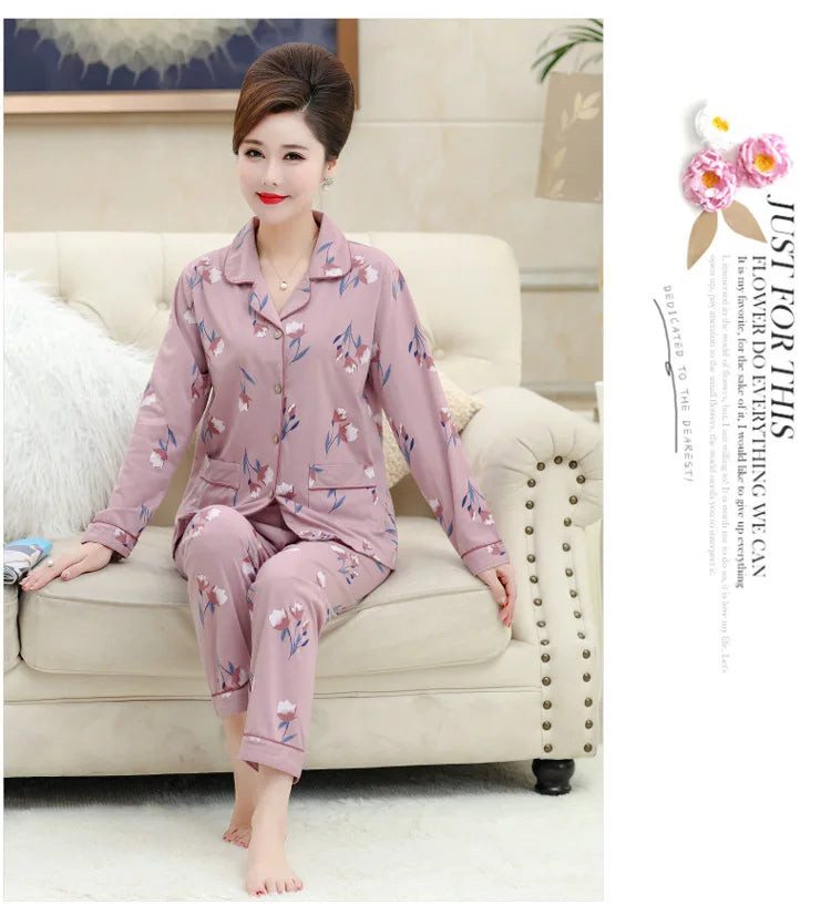 100% Pure Cotton Long Sleeve Sleepwear Set for Elderly Women Spring Summer Autumn Home Clothes Outwear Comfortable Home Suit