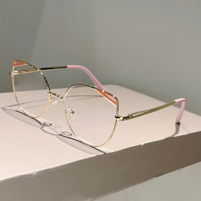 KAMMPT Oversized Cat Eye Glasses Women New Vintage Metal Rim Blue Light Blocking Eyeglasses Trendy Fashion Design Optical Frames