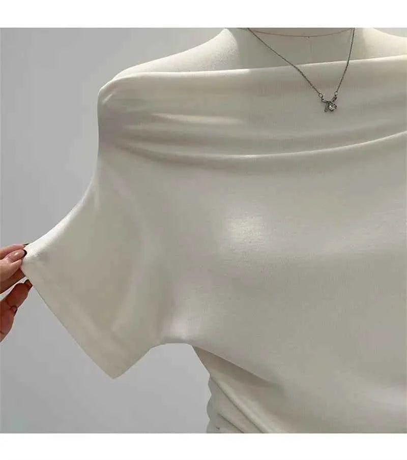 Summer One Shoulder Black Women's T-shirt Short Sleeve Korean Style Slimming Top Exposed Shoulder Fashionable