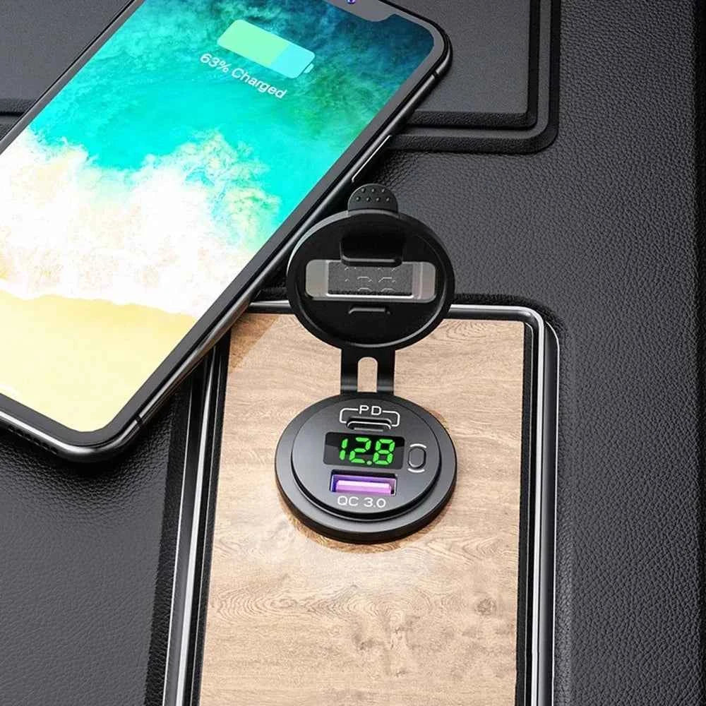 USB C Car Charger Socket 12V/24V Dual USB Socket PD3.0 and QC3.0 Car USB Port With LED Voltmeter and On/Off Switch