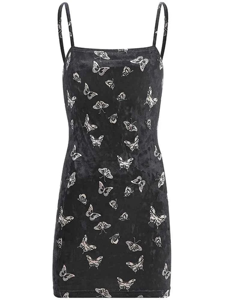 Harajuku Black Dress Women Gothic Spaghetti Strap Backless Off Shoulder Dresses Female Fashion Casual Print Sexy Dress