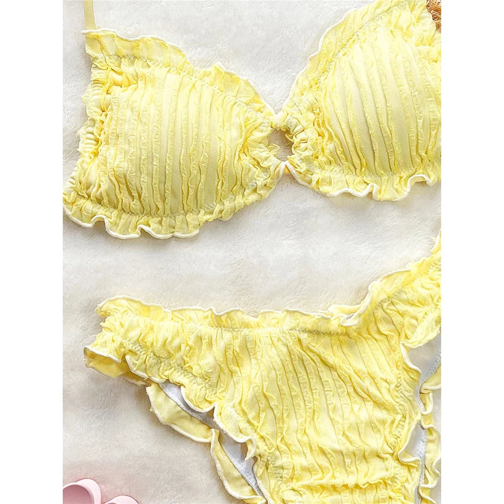 Wrinkled Crinkled Frilled Bikini Female Swimsuit Women Swimwear Two-Pieces Bikini Set Brazilian Bather Bathing Suit Swim V8053