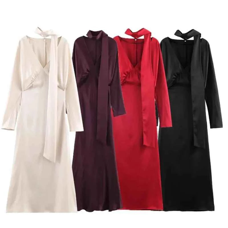 2026 New Scarf Solid Elegant Maxi Dresses Women Spring V Neck Long Sleeve Club Party Long Dress Female Chic Slim Fit Dresses