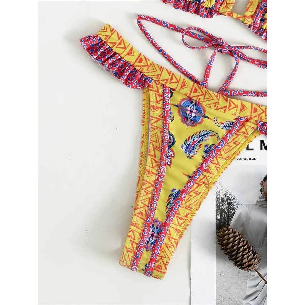5 Colors Sexy Printed Halter Frilled Bikini Women Swimwear Female Swimsuit Two-pieces Bikini set Bather Bathing Suit Swim V4651