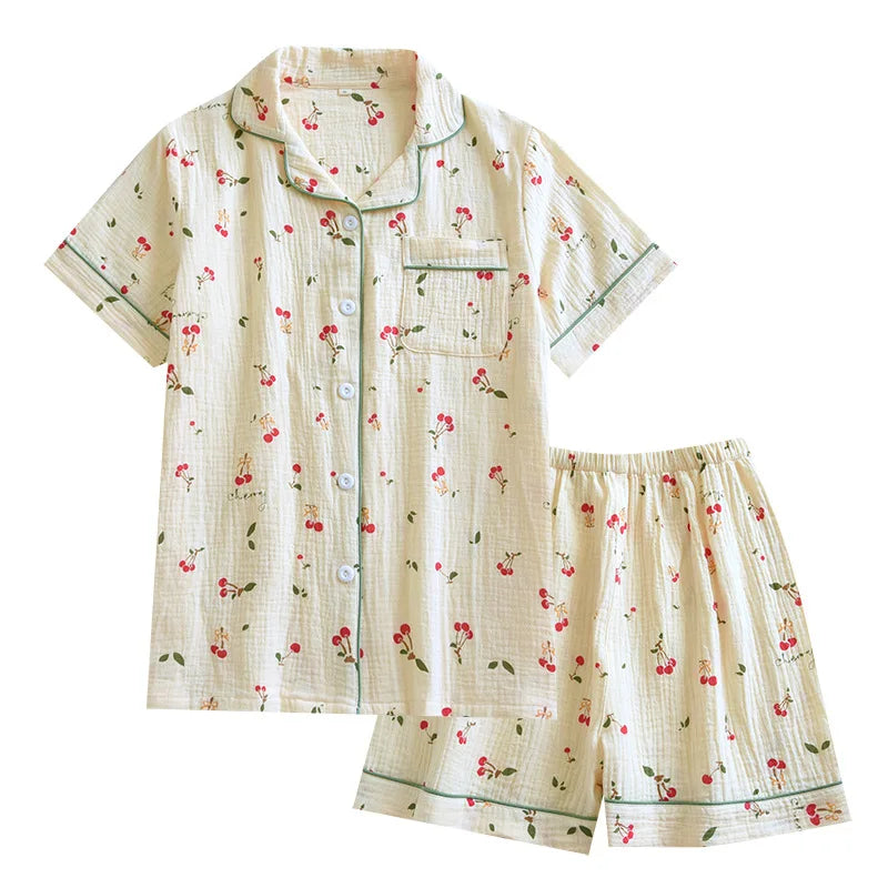 2024 New Summer Autumn Women Pajamas 100% Cotton Gauze Cherry Print Sleepwear Female 2 Piece Set Nightwear Pyjamas Loungewear