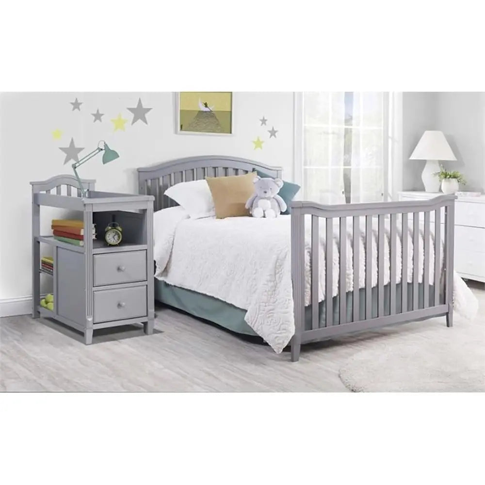 Convertible Crib with Slat Back, Diaper Changer, Wooden Toddler Bed, Gray Full-Size Nursery
