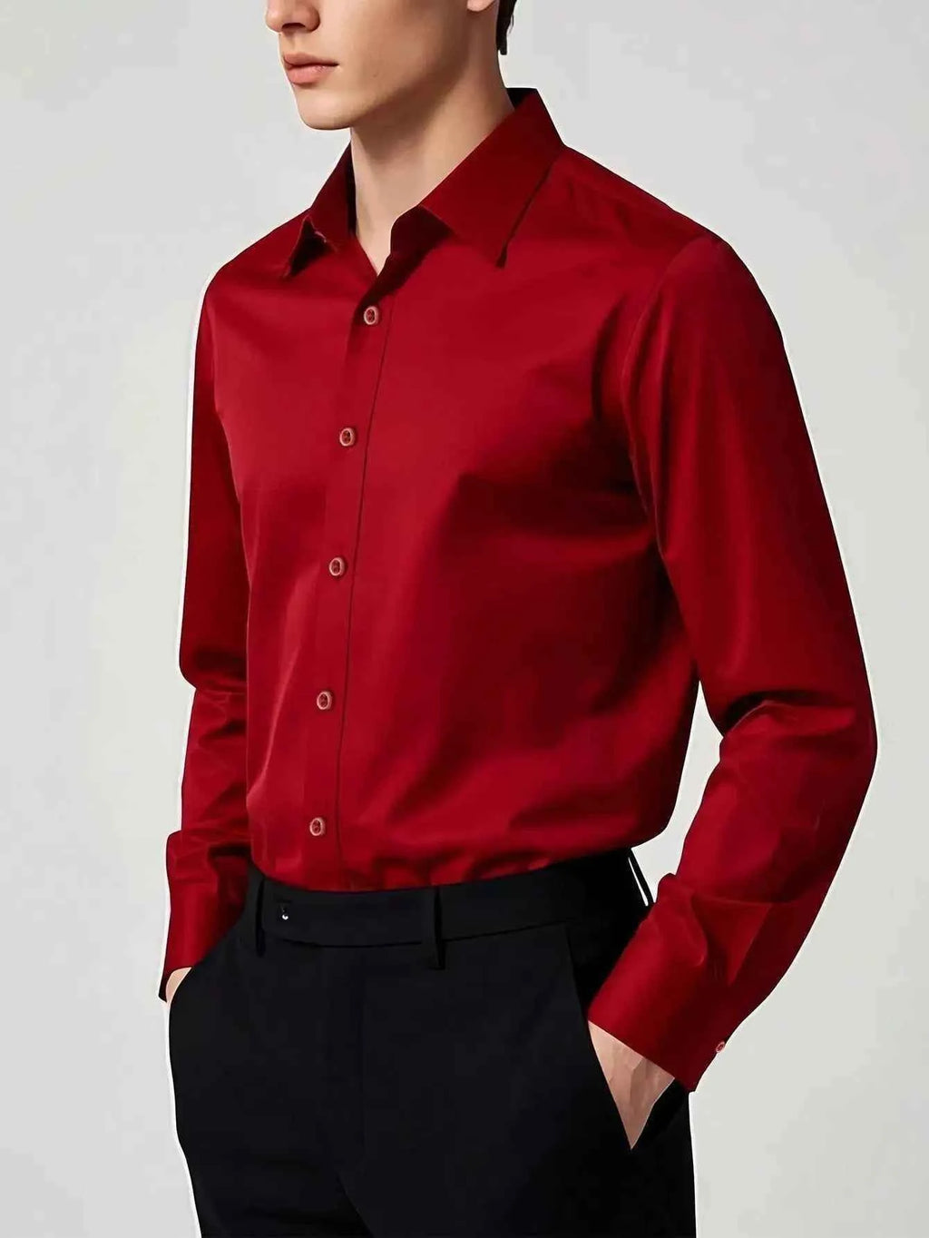 Men's Solid Red Long Sleeve Formal Dress Shirt for Business Office Wear