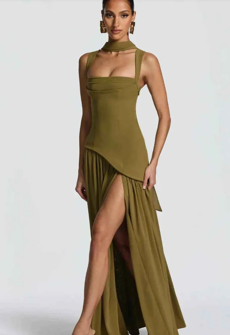 Suninheart Summer Elegant Olive Green Maxi Dress for Women Flowy Long Dress with Scarf Birthday Party Beach Graduation dress