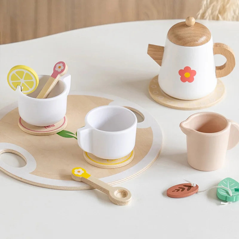 Kids Pretend Play Toys Popular Kids Kitchen Toys Realistic Wooden Tea Set Party Toy Set Children's Simulation Tea Set Gifts