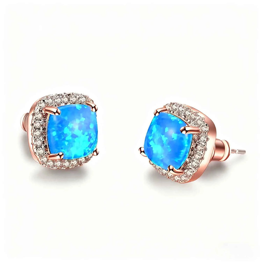 Multi-Color Available Opal Stone & Zirconia Earrings,Elegant Square Opal Studs,Silver Color Daily Luxury Jewelry,Gift for Women