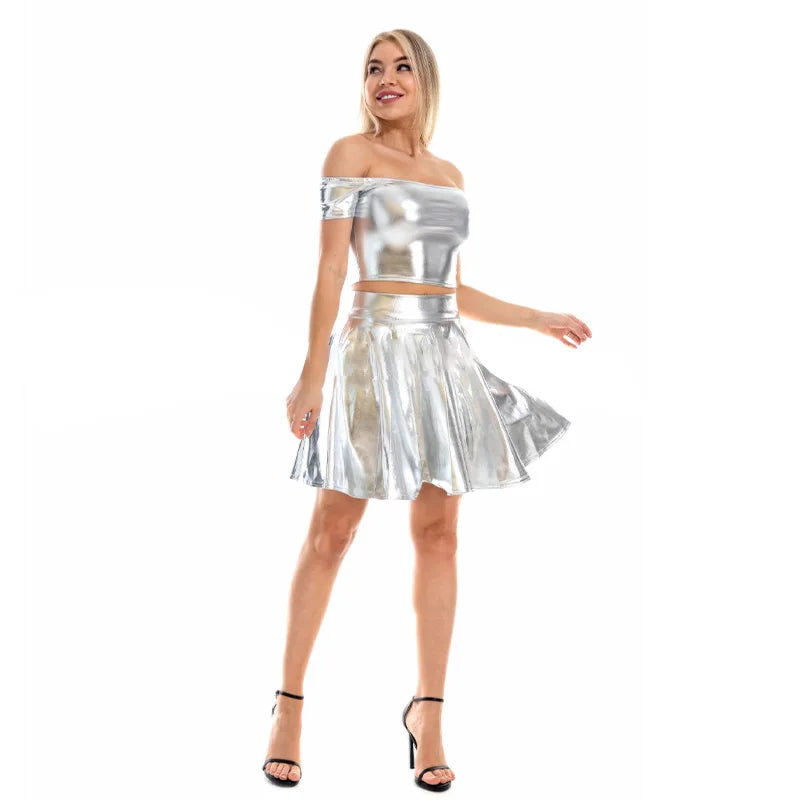 Women Summer Sexy Laser Skirts Mini PU Leather Club Party Dance Shiny Holographic Skirts Harajuku JK Metallic Pleated Skirts