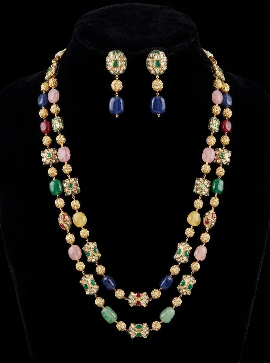 Luxury Multicolor Gemstone Long Necklace Earrings Bracelet Set Gold Plated Kundan Polki Beaded Statement Wedding Jewelry for