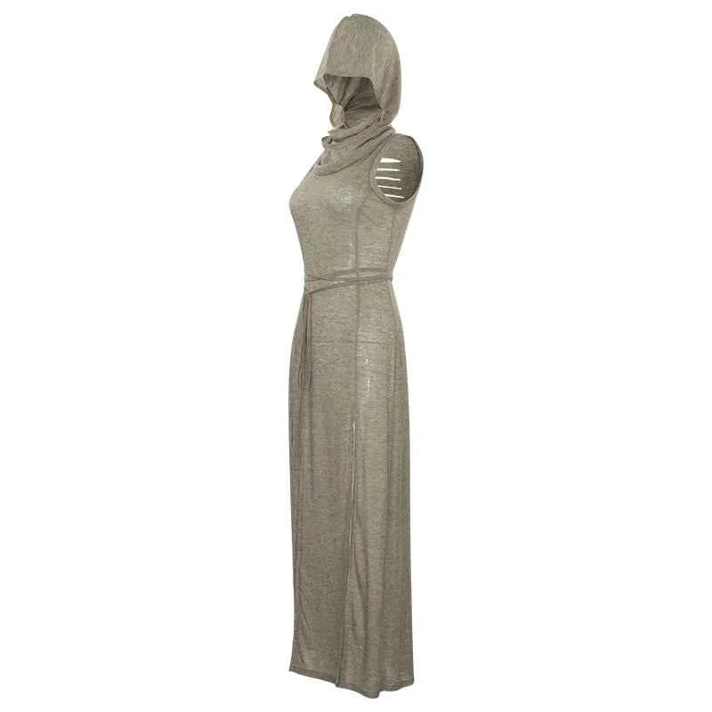 Summer 2023 Sexy European And American Style Sleeveless Hooded Dress Long Split Hollow out Pure Color Women's Gown