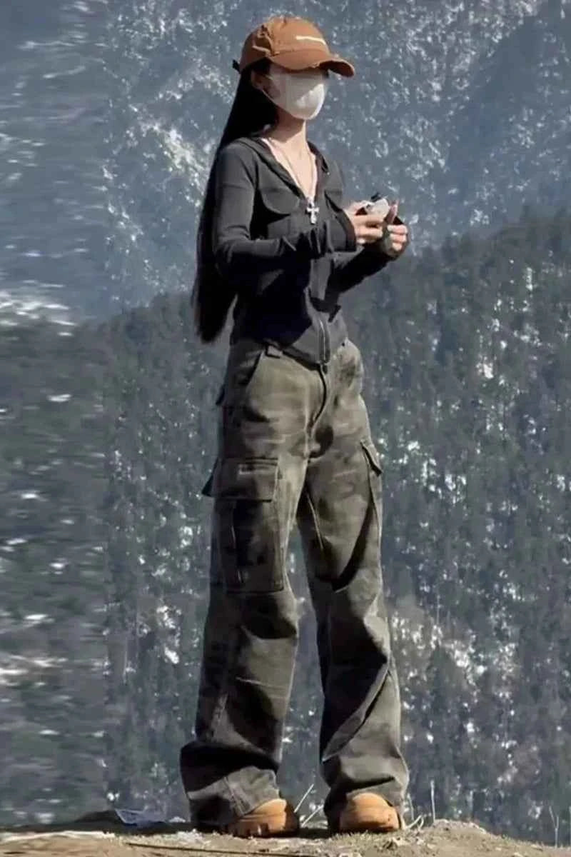 Y2k Clothes Jeans For Woman High Waist Flare Trousers Camouflage Cargo Wide Leg Straight Winter New Pants Slim Fit Fashion