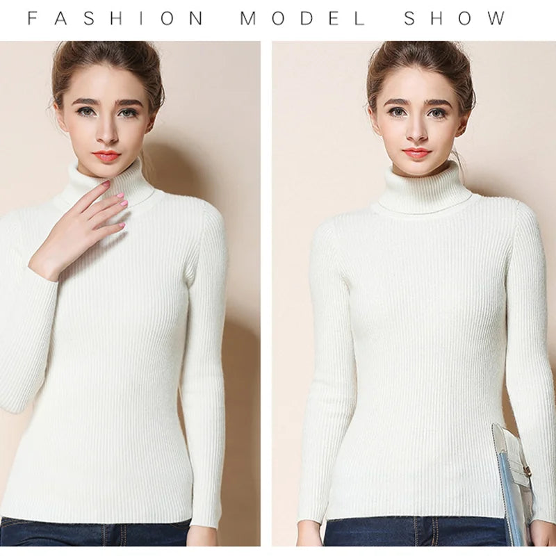 2026 Simple Women Turtleneck Sweater Winter Fashion Pullover Elastic Knit Ladies Jumper Casual Solid Black Female Basic Tops