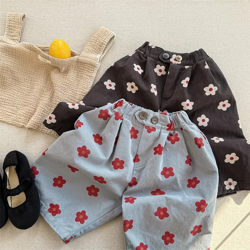 2026 Spring New Children Casual Pants Fashion Flower Print Girls Harem Pants Cotton Kids Loose Trousers Boys Cute Baby Clothes