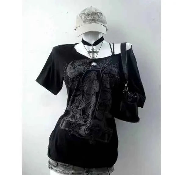 Vintage Gothic Prints Black T-Shirt Women Y2K Harajuku Fashion Punk Off-shoulder Sling Sexy Slim Summer Casual Trendy Top