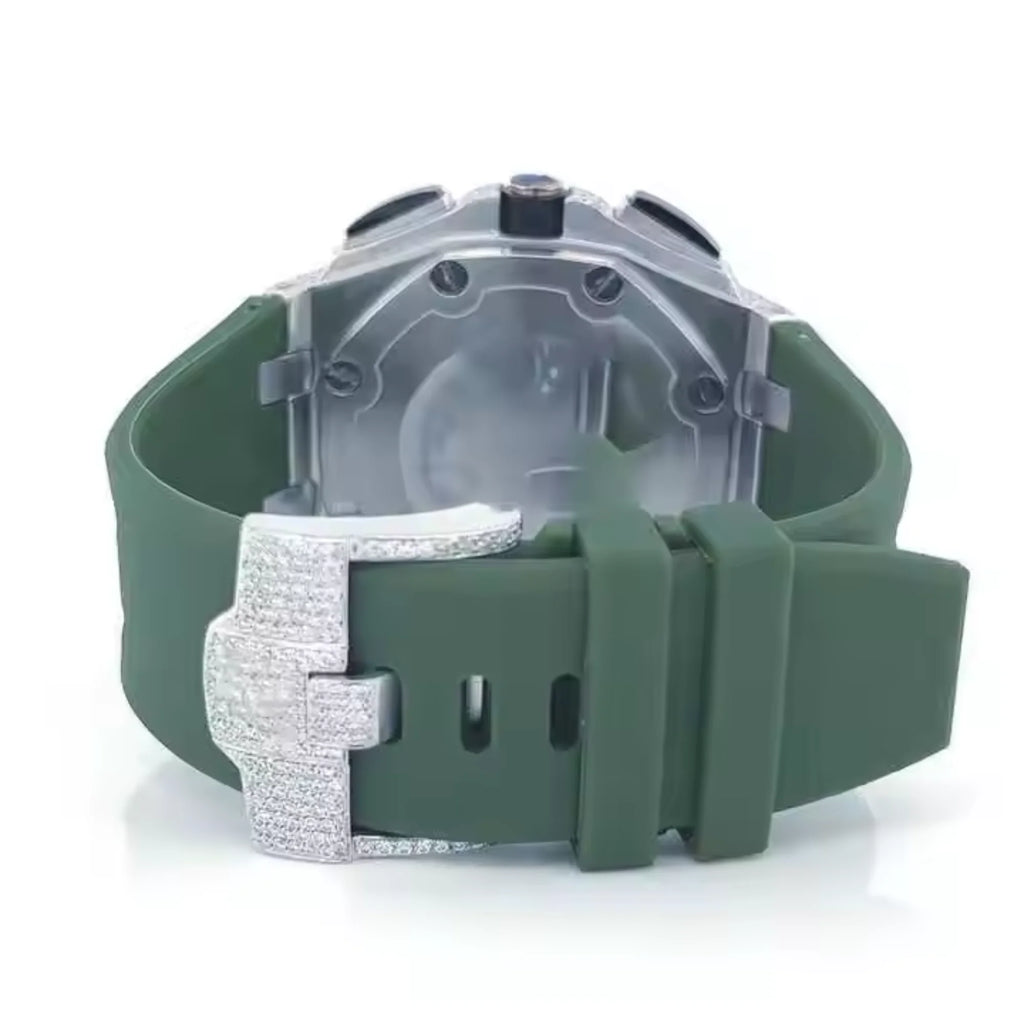 Luxury Hip Hop Diver Watch Three Sub Dial Iced Moissanite Diamond Square Stainless Steel Glass Dial Window Rubber Strap Sport