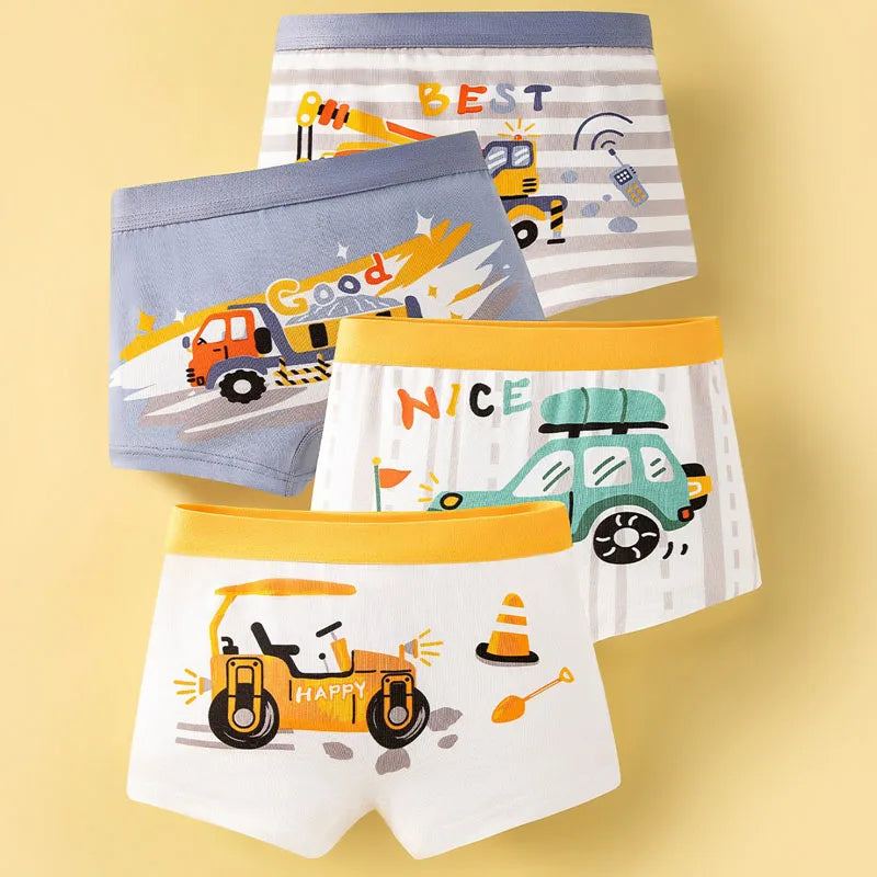 4/8Pcs High Quality Cotton Boy Boxer Brief Cool Excavator Pattern Kids Boxers Breathable Children Underwear Soft Bottom Panty