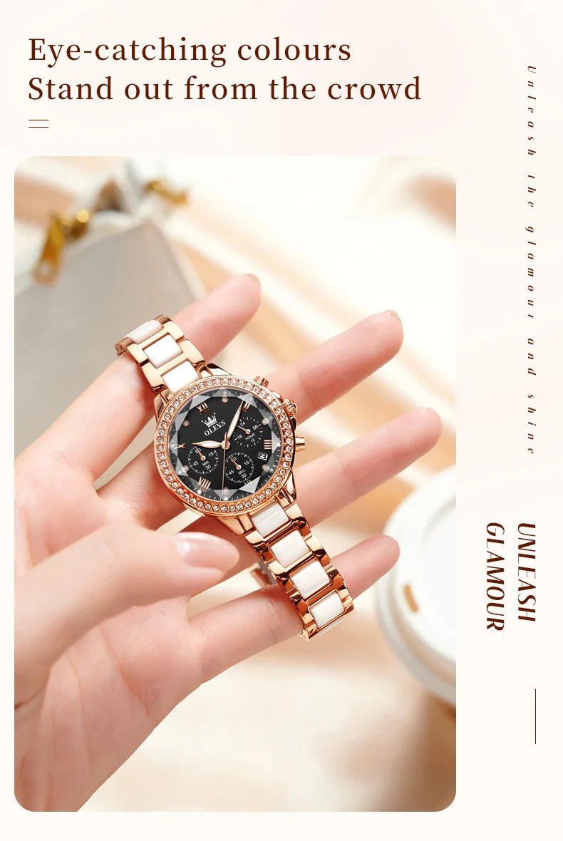 OLEVS 9999 Women Watch Brand Original Elegant Waterproof Chronograph Luxury Ceramic Dress Pink Women Quartz Watch Reloj Mujer