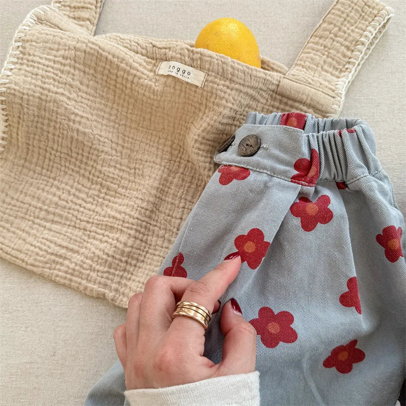 2026 Spring New Children Casual Pants Fashion Flower Print Girls Harem Pants Cotton Kids Loose Trousers Boys Cute Baby Clothes