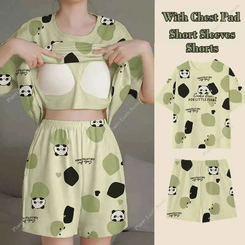 Summer Women's Pajamas Set Sleepwear 2 PCS - Short Tank Tops and Shorts with Chest Pad Womens Printing Pyjama Home Leisure Suit