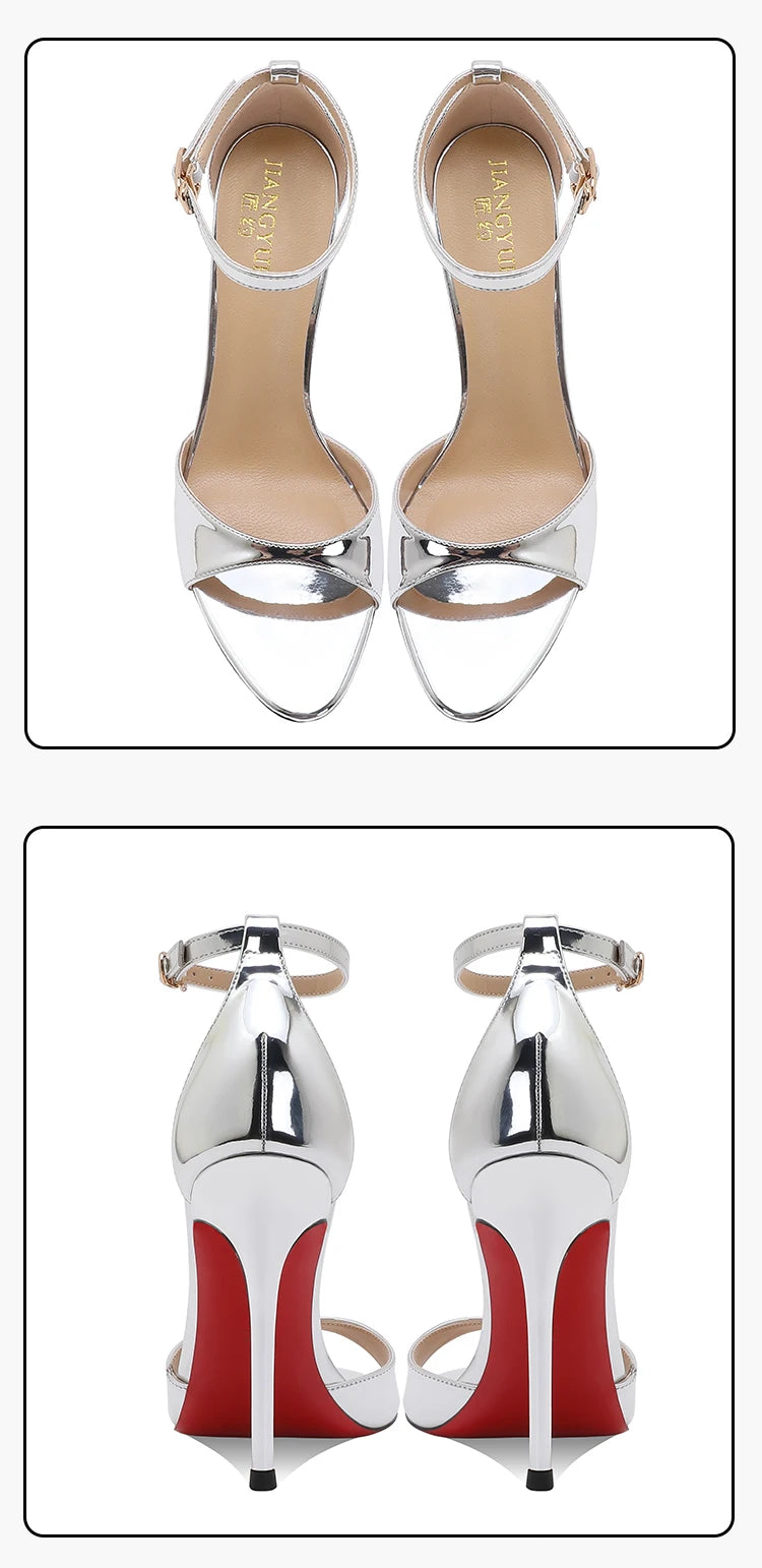 2025 Summer New Silver High Heels Women's Fine Heels Beautiful Princess Style One Button Sandals with Skirts