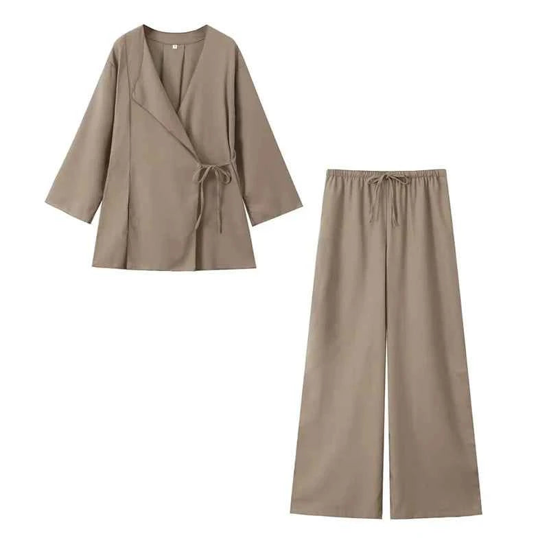 Willshela Women Fashion 2 Piece Set Solid Lace Up Shirts & Vintage Elastic Waist Trousers Feamle Chic Lady Pants Sets