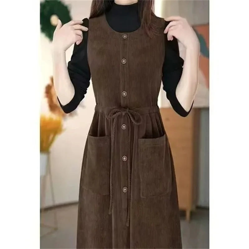 2024 Winter Fake Two piece Corduroy Dress Stylish Women's Dress Draw pleats Slim Waist Dress Women's Retro Knee Over Middle Long