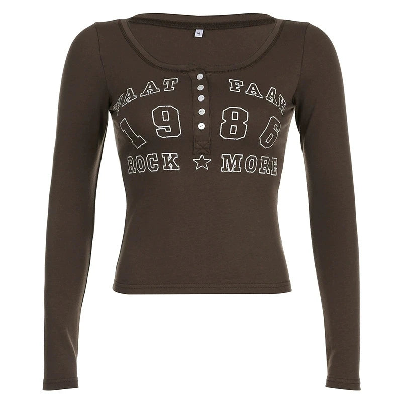 Black T-shirt Women Autumn Letter Print Streetwear Long Sleeves O-Neck Bodycon Sexy Top Button Fashion Casual Slim Tees Female