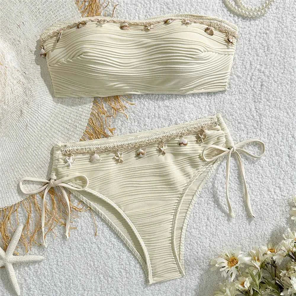 Shell Starfish Edge Bandeau Bikinis Sets Yellow Texture Solid Swimwears Sexy Swimsuit Women 2026 Lace-up Bathing Suit Bikini