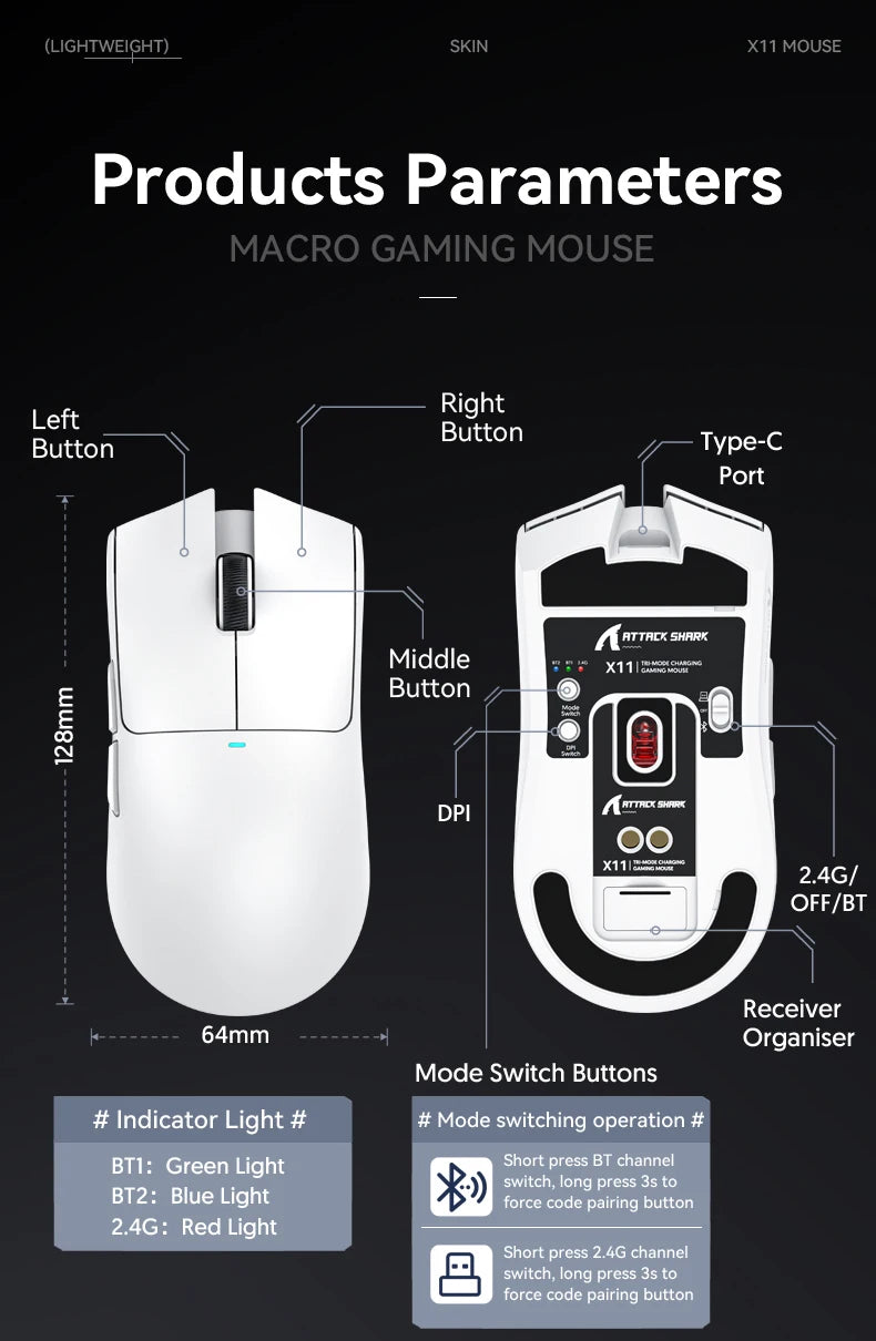 Attack Shark X11 & X11se Wireless Gaming Mouse,Bluetooth Tri-Mode Connection, PixArt PAW3311,Touch Magnetic Charging Base
