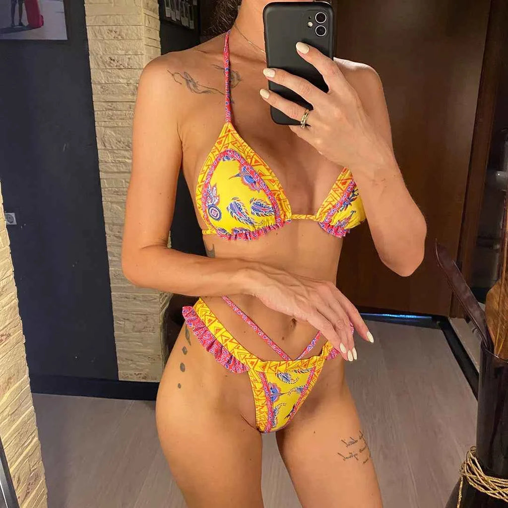5 Colors Sexy Printed Halter Frilled Bikini Women Swimwear Female Swimsuit Two-pieces Bikini set Bather Bathing Suit Swim V4651