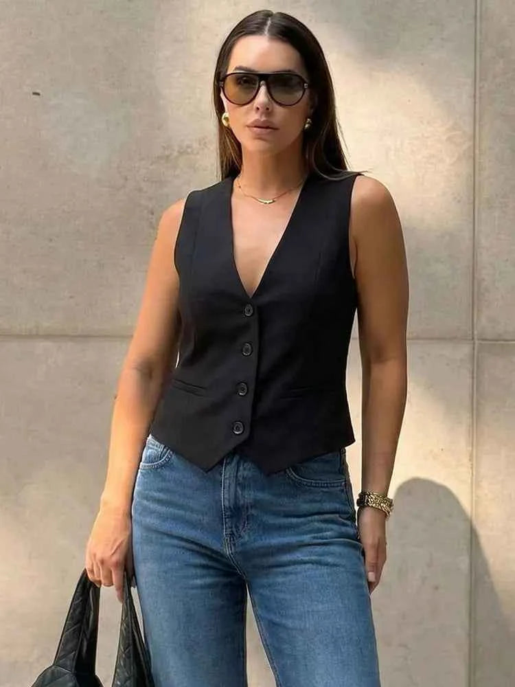 HH Women Fashion Solid Suit Vest Sleeveless Cropped Waistcoat Tops Vests Spring Summer Casual Office Lady Chic Tops
