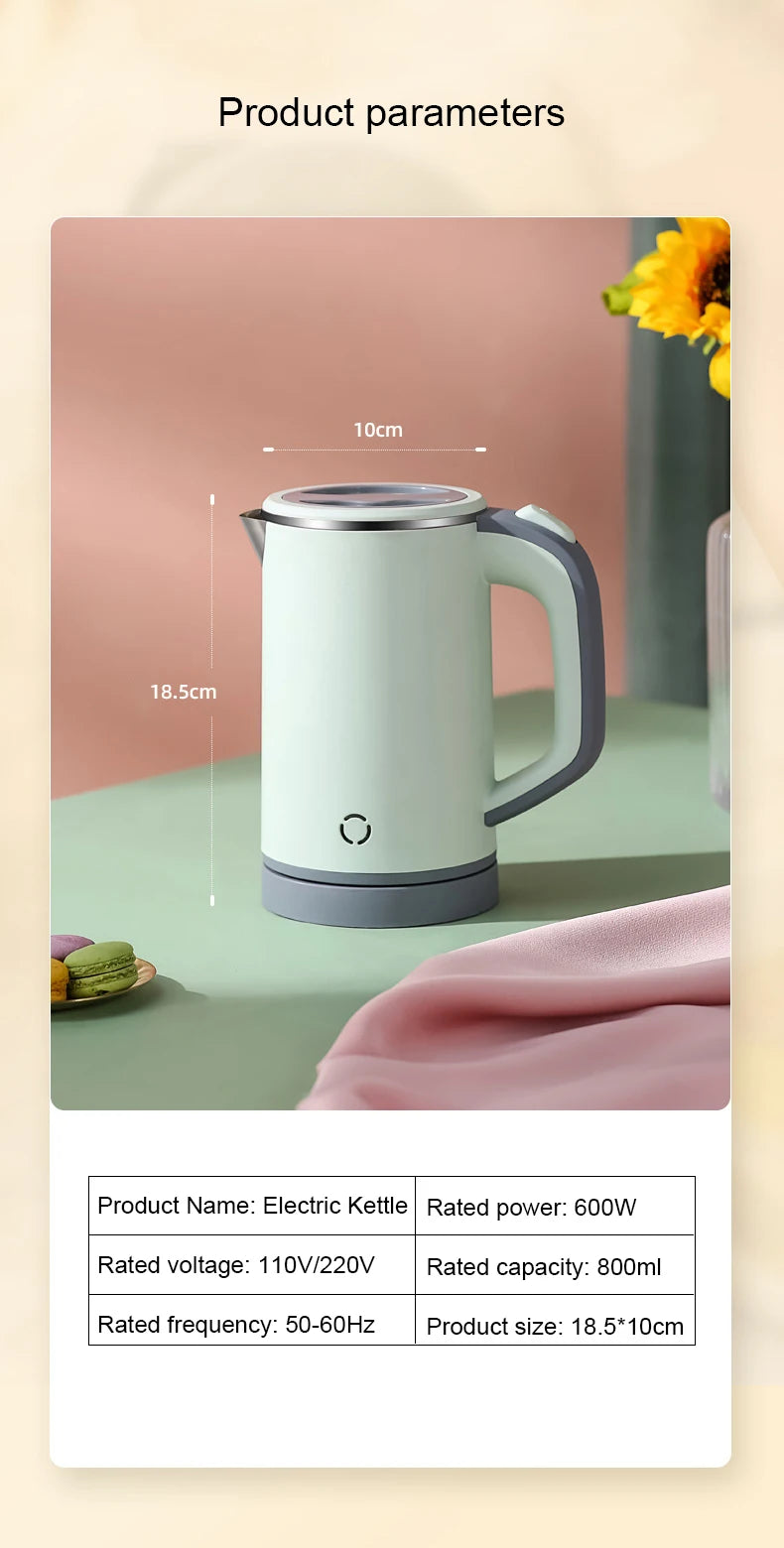 110V/220V Travel Electric Kettle MINI Boiling Teapot Cup Heater Portable Stainless Steel 0.8L Hot Water Quick Heating Pot Boiler