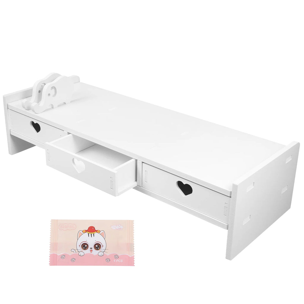 Keyboard Storage Rack Monitor Riser with Drawers PVC Wood Composite Desk Organizer Office Computer Screen Height Adjustable