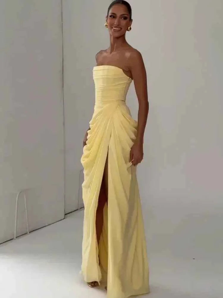 Yellow Strapless Pleated Dress Women Elegant Sexy Sleeveless Waist Cinching Split Maxi Gowns 2026 Lady New Evening Party Dresses