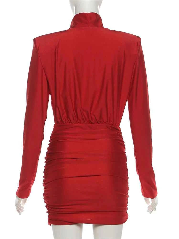 Nibber Classic Turtleneck Dress Women Shoulder Padded Ruched Sexy Office Commute Simple Peach Hip Skinny Elegant Mini Bodycon