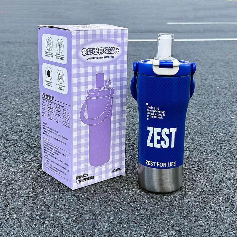 1pc Minimalist Sports-Style Insulated Water Bottle with Straw, 600ML with Handle, Lid Supporting Both Straw & Direct Drinking