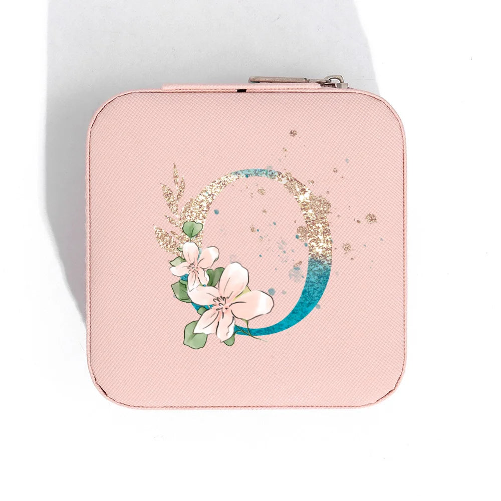 A-Z Alphabet Print Pink Travel Jewelry Organizer with Zipper Closure and Fabric Lining