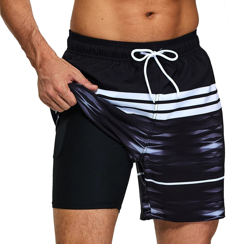 ESCATCH 2026 Summer New Arrival Mens Shorts 2 in 1 Quick Dry Gym Printing Swim Trunks Beach Side Zipper Pockets Swimsuit