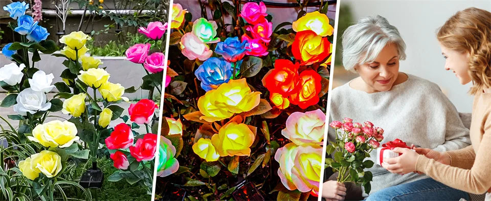 Solar Garden Lights Waterproof LED Outdoor Simulation Rose Flower Solar Light Pathway Lights for Yard Garden Backyard Decor ﻿