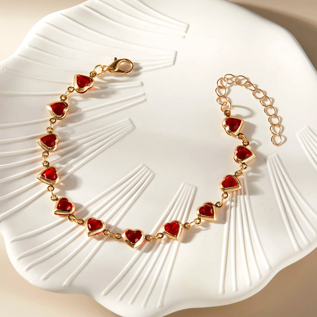 Elegant Red Crystal Zircon Metal Chain Bracelets for Women Colorful Heart Bracelets Party Wedding Wrist Charms Jewelry Gift