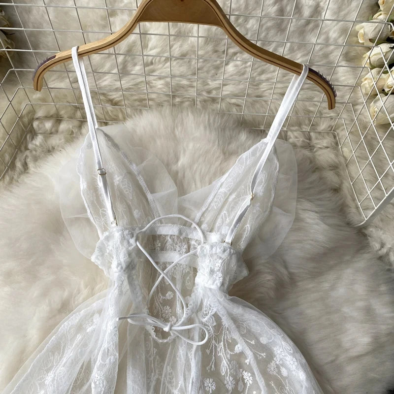 Summer Girls Sexy Hot Sweet Transparent Suspender Mini Dress Women Elastic Waist And Backless Strap Lolita Pajamas Bubble Skirt