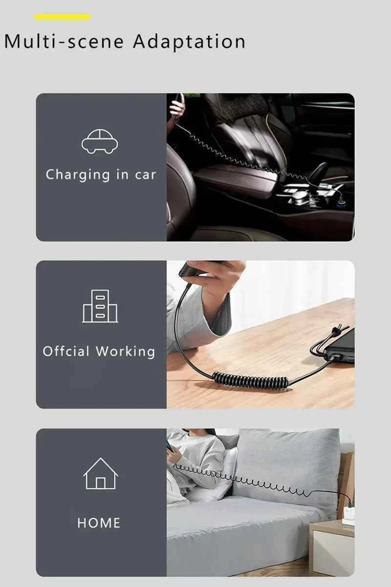 66W & LIGHTNING PD Fast Charging Type C to Type C Spring Telescopic Cable For iPhone 15 14 Samsung Xiaomi OnePlusCar USB Type C