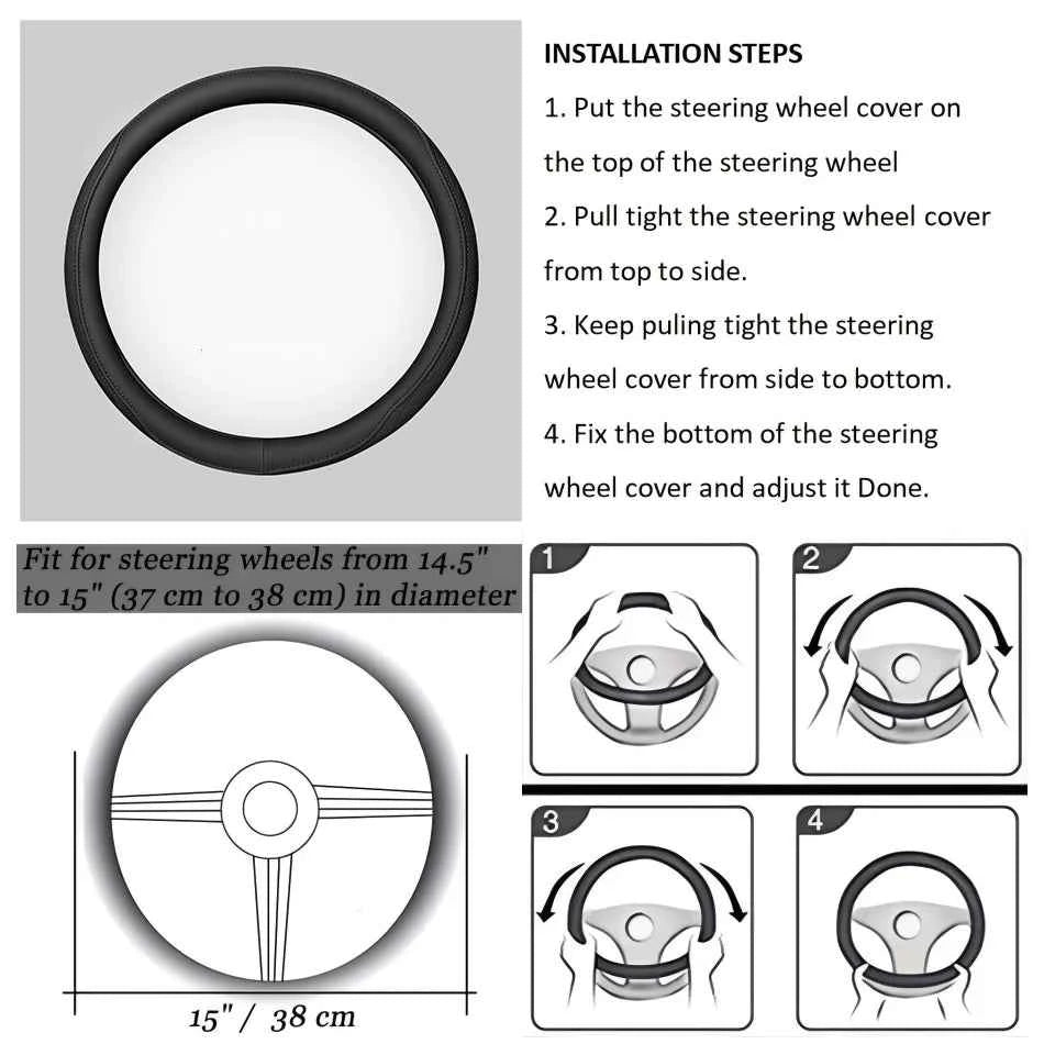 Embossed PU Leather Patchwork Car Steering Wheel Cover, Non-slip, Breathable, Universal 15 Inch (Approx. 38cm)