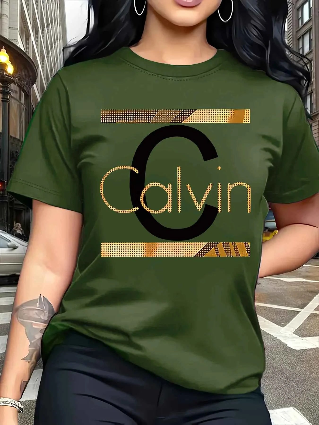 Calvin Letter Print Women's Tee - Gold Graphic Green Casual Top